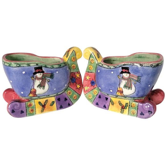 Sango Christmas Snowman Sleigh Candle Holders Set of 2 By Sue Zipkin 5" x 3"